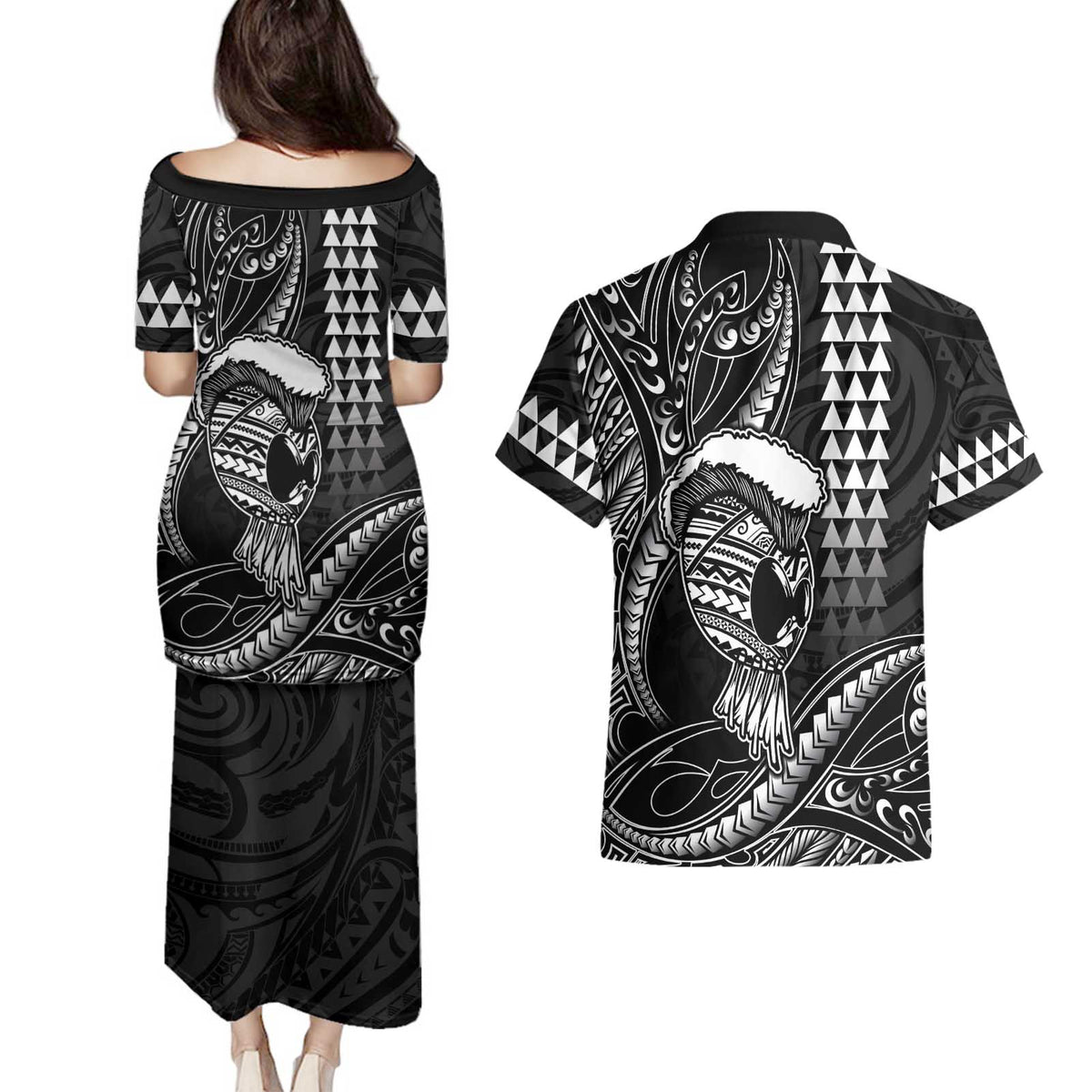 Hawaii Ikaika Warrior Helmet Couples Matching Puletasi and Hawaiian Shirt Black Tribal Tattoo