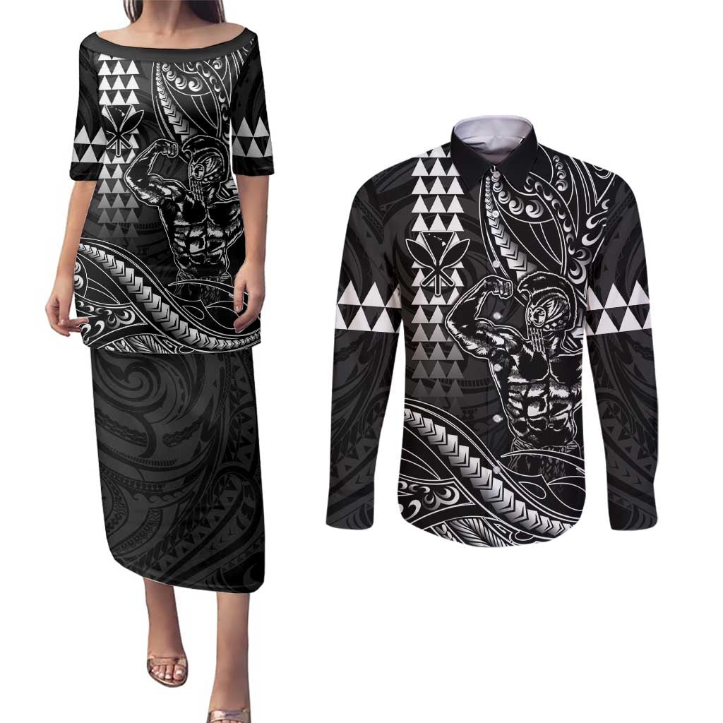 Hawaii Ikaika Warrior Helmet Couples Matching Puletasi and Long Sleeve Button Shirt Black Tribal Tattoo LT05 Black - Polynesian Pride