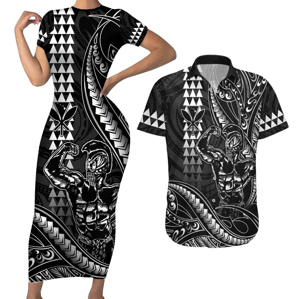 Hawaii Ikaika Warrior Helmet Couples Matching Short Sleeve Bodycon Dress and Hawaiian Shirt Black Tribal Tattoo LT05 Black - Polynesian Pride