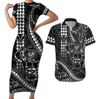 Hawaii Ikaika Warrior Helmet Couples Matching Short Sleeve Bodycon Dress and Hawaiian Shirt Black Tribal Tattoo LT05 Black - Polynesian Pride