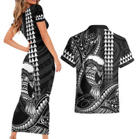 Hawaii Ikaika Warrior Helmet Couples Matching Short Sleeve Bodycon Dress and Hawaiian Shirt Black Tribal Tattoo LT05 - Polynesian Pride