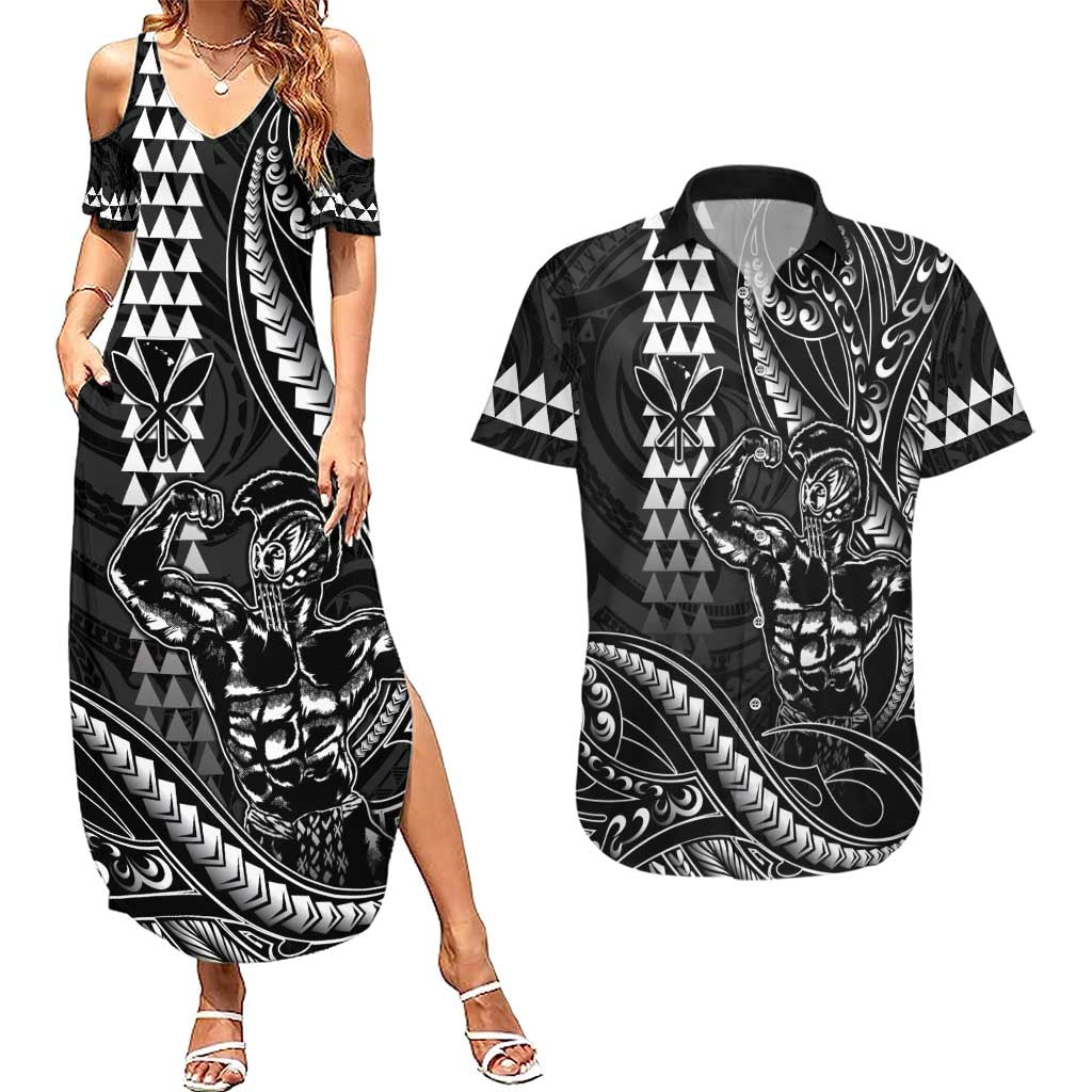 Hawaii Ikaika Warrior Helmet Couples Matching Summer Maxi Dress and Hawaiian Shirt Black Tribal Tattoo