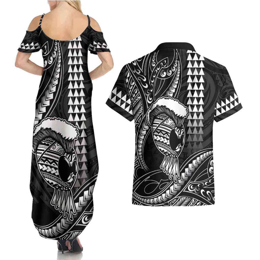 Hawaii Ikaika Warrior Helmet Couples Matching Summer Maxi Dress and Hawaiian Shirt Black Tribal Tattoo