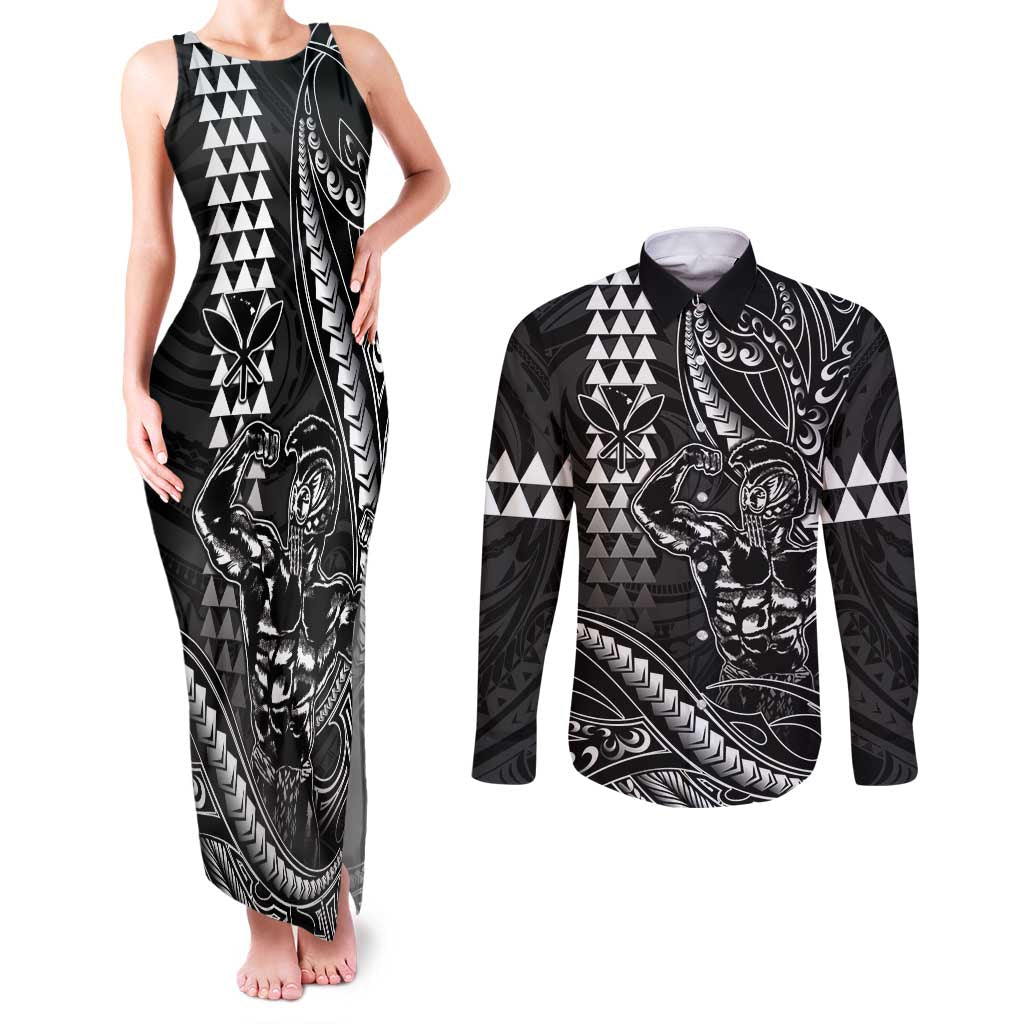 Hawaii Ikaika Warrior Helmet Couples Matching Tank Maxi Dress and Long Sleeve Button Shirt Black Tribal Tattoo