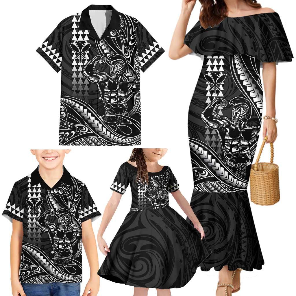 Hawaii Ikaika Warrior Helmet Family Matching Mermaid Dress and Hawaiian Shirt Black Tribal Tattoo LT05 - Polynesian Pride
