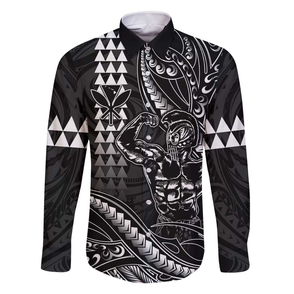 Hawaii Ikaika Warrior Helmet Family Matching Mermaid Dress and Hawaiian Shirt Black Tribal Tattoo LT05 Dad's Shirt - Long Sleeve Black - Polynesian Pride