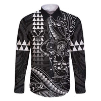 Hawaii Ikaika Warrior Helmet Family Matching Mermaid Dress and Hawaiian Shirt Black Tribal Tattoo LT05 Dad's Shirt - Long Sleeve Black - Polynesian Pride