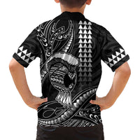 Hawaii Ikaika Warrior Helmet Family Matching Off The Shoulder Long Sleeve Dress and Hawaiian Shirt Black Tribal Tattoo LT05 - Polynesian Pride