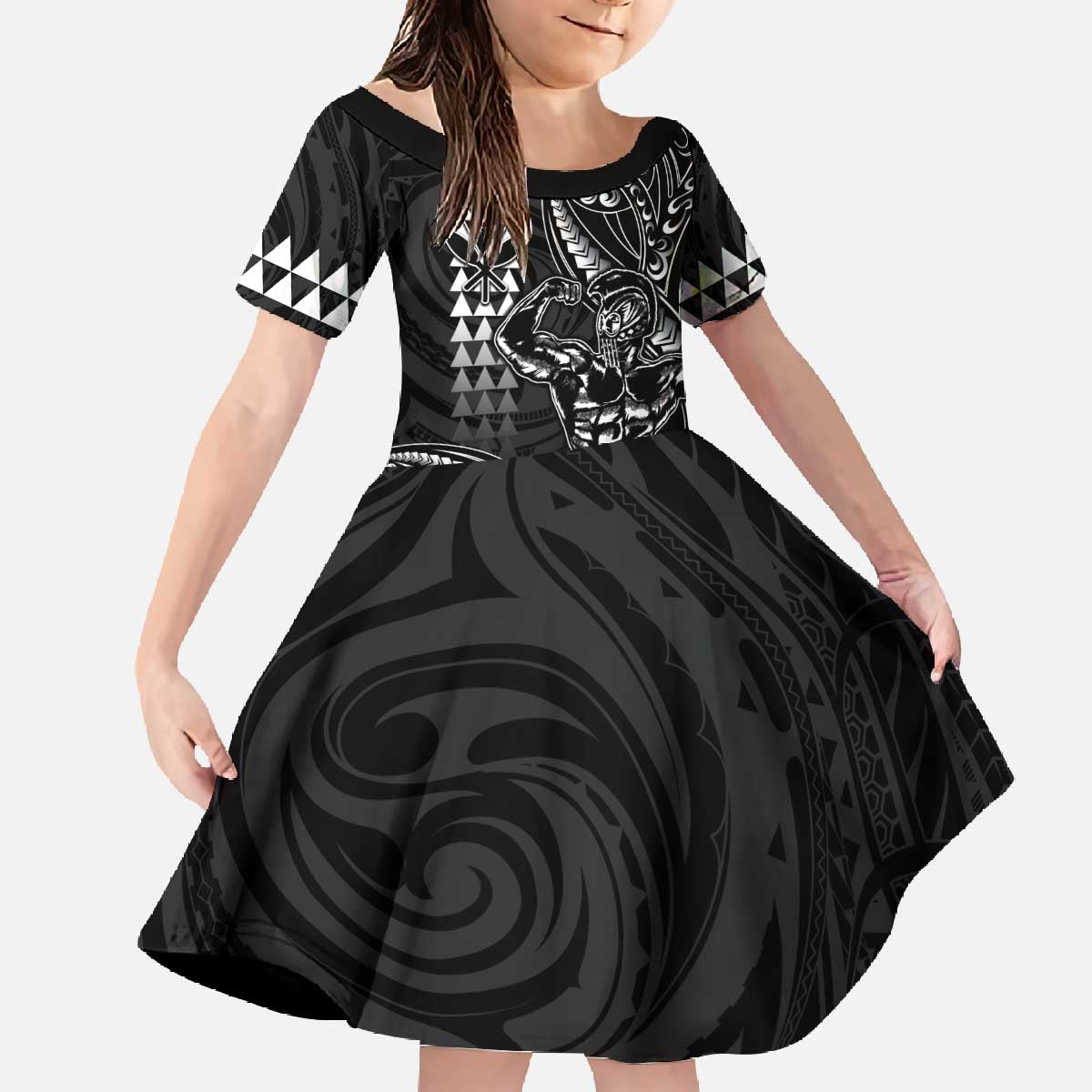 Hawaii Ikaika Warrior Helmet Family Matching Off The Shoulder Long Sleeve Dress and Hawaiian Shirt Black Tribal Tattoo LT05 Daughter's Dress Black - Polynesian Pride