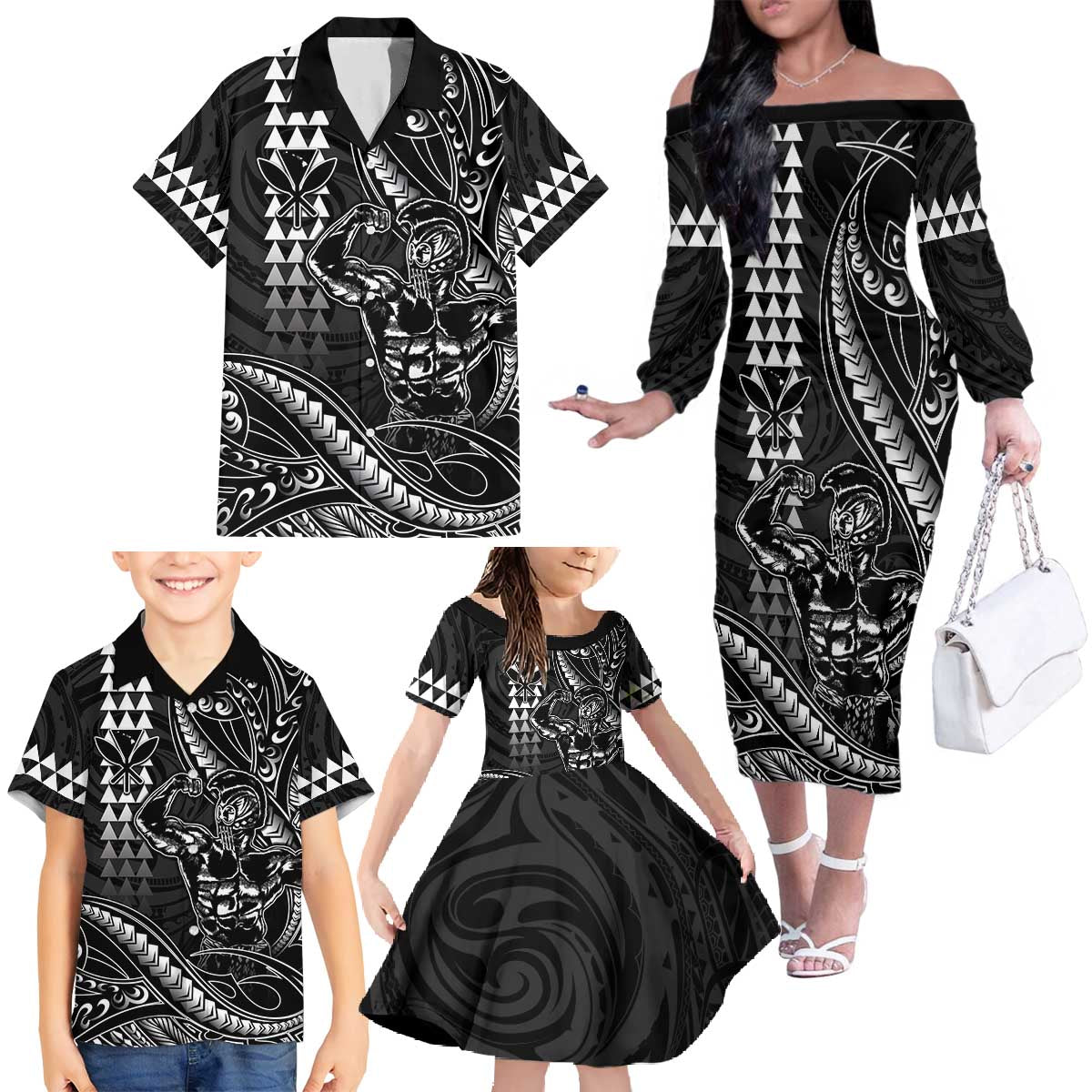 Hawaii Ikaika Warrior Helmet Family Matching Off The Shoulder Long Sleeve Dress and Hawaiian Shirt Black Tribal Tattoo LT05 - Polynesian Pride
