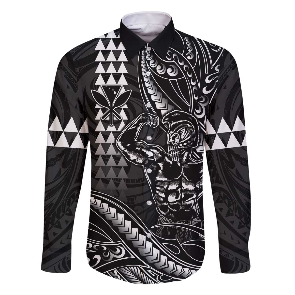 Hawaii Ikaika Warrior Helmet Family Matching Off The Shoulder Long Sleeve Dress and Hawaiian Shirt Black Tribal Tattoo LT05 Dad's Shirt - Long Sleeve Black - Polynesian Pride