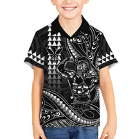 Hawaii Ikaika Warrior Helmet Family Matching Off The Shoulder Long Sleeve Dress and Hawaiian Shirt Black Tribal Tattoo LT05 Son's Shirt Black - Polynesian Pride