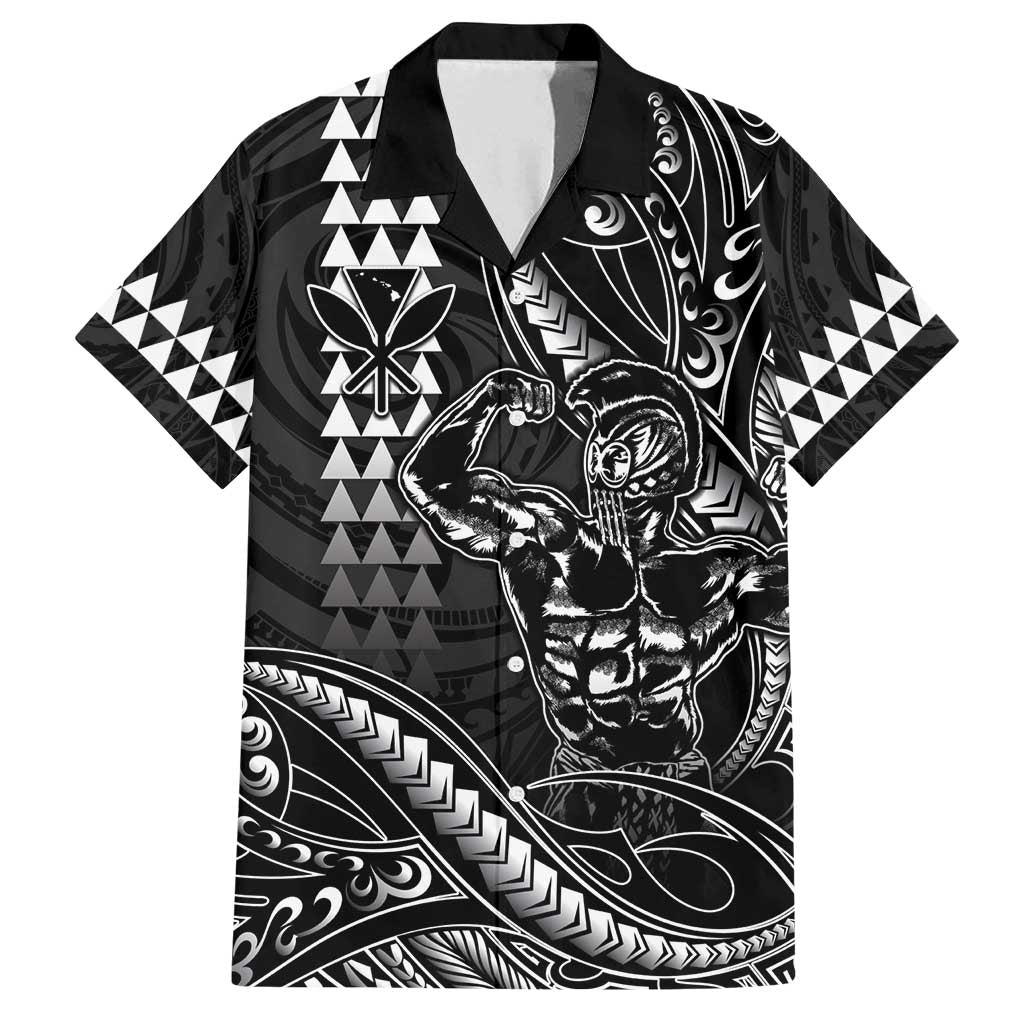 Hawaii Ikaika Warrior Helmet Family Matching Off Shoulder Maxi Dress and Hawaiian Shirt Black Tribal Tattoo LT05 Dad's Shirt - Short Sleeve Black - Polynesian Pride