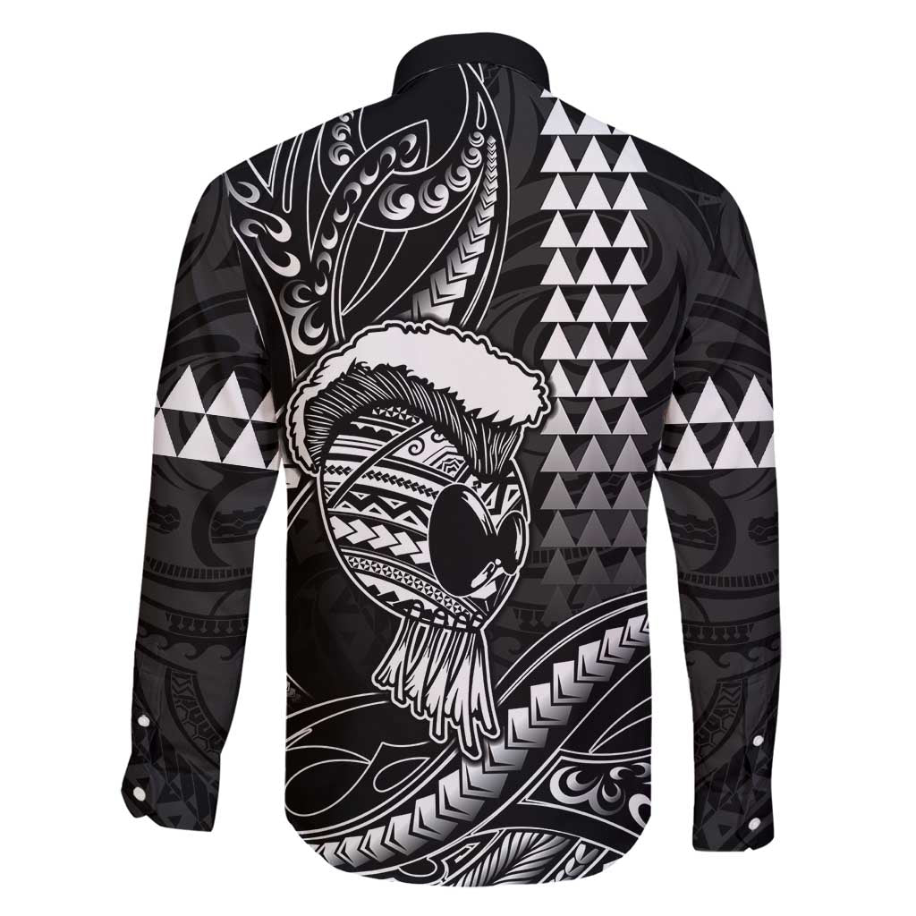 Hawaii Ikaika Warrior Helmet Family Matching Off Shoulder Maxi Dress and Hawaiian Shirt Black Tribal Tattoo LT05 - Polynesian Pride