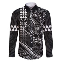 Hawaii Ikaika Warrior Helmet Family Matching Puletasi and Hawaiian Shirt Black Tribal Tattoo LT05 Dad's Shirt - Long Sleeve Black - Polynesian Pride