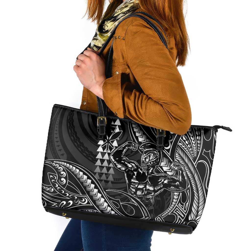 Hawaii Ikaika Warrior Helmet Leather Tote Bag Black Tribal Tattoo LT05 Black - Polynesian Pride