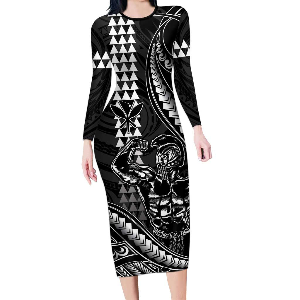 Hawaii Ikaika Warrior Helmet Long Sleeve Bodycon Dress Black Tribal Tattoo LT05 Long Dress Black - Polynesian Pride