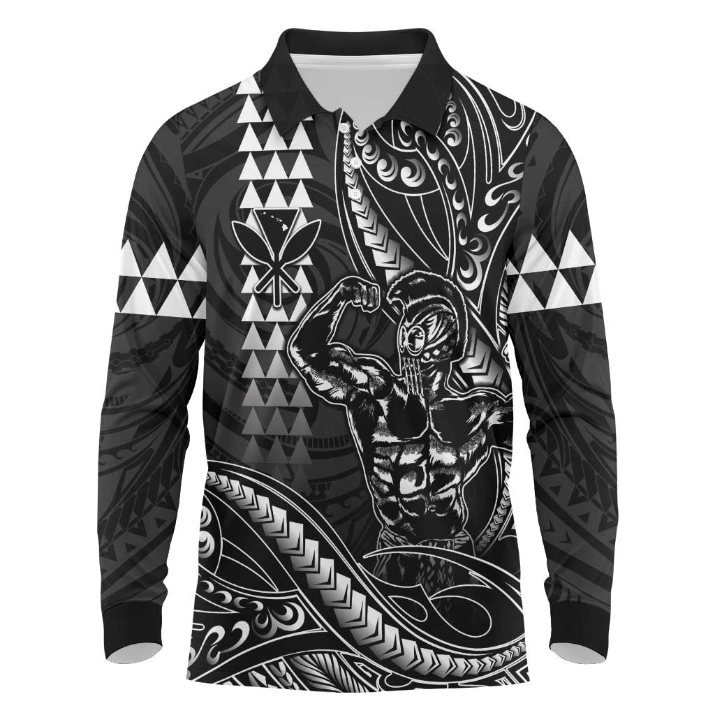 Hawaii Ikaika Warrior Helmet Long Sleeve Polo Shirt Black Tribal Tattoo LT05 Black - Polynesian Pride