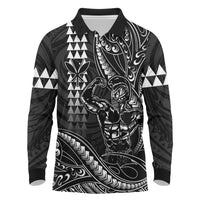 Hawaii Ikaika Warrior Helmet Long Sleeve Polo Shirt Black Tribal Tattoo LT05 Black - Polynesian Pride