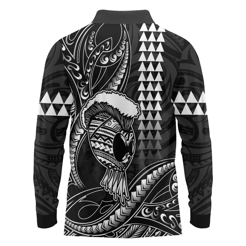 Hawaii Ikaika Warrior Helmet Long Sleeve Polo Shirt Black Tribal Tattoo LT05 - Polynesian Pride