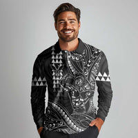 Hawaii Ikaika Warrior Helmet Long Sleeve Polo Shirt Black Tribal Tattoo LT05 - Polynesian Pride