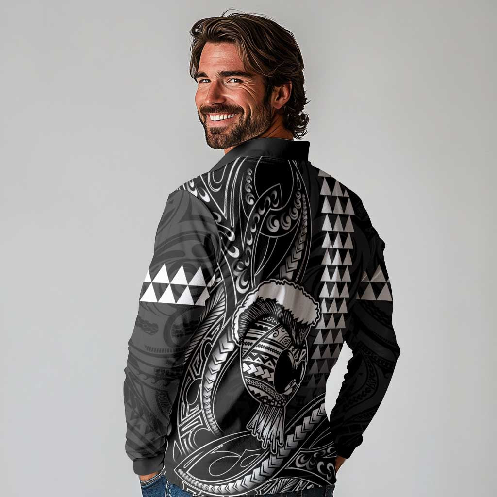 Hawaii Ikaika Warrior Helmet Long Sleeve Polo Shirt Black Tribal Tattoo LT05 - Polynesian Pride