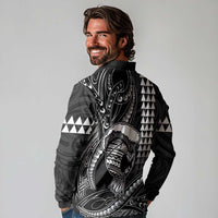 Hawaii Ikaika Warrior Helmet Long Sleeve Polo Shirt Black Tribal Tattoo LT05 - Polynesian Pride