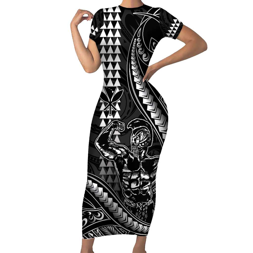 Hawaii Ikaika Warrior Helmet Short Sleeve Bodycon Dress Black Tribal Tattoo LT05 Long Dress Black - Polynesian Pride