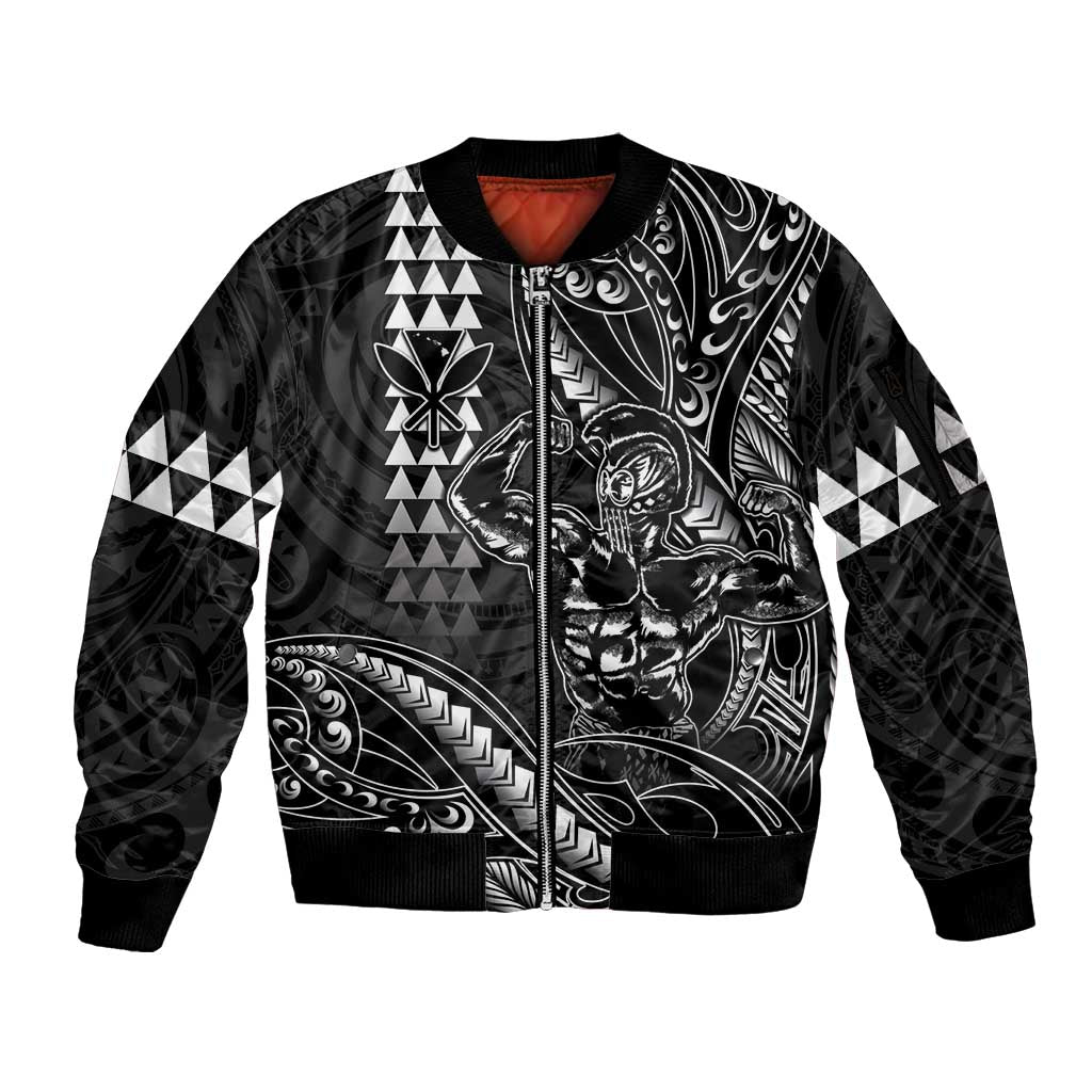 Hawaii Ikaika Warrior Helmet Sleeve Zip Bomber Jacket Black Tribal Tattoo LT05 Unisex Black - Polynesian Pride