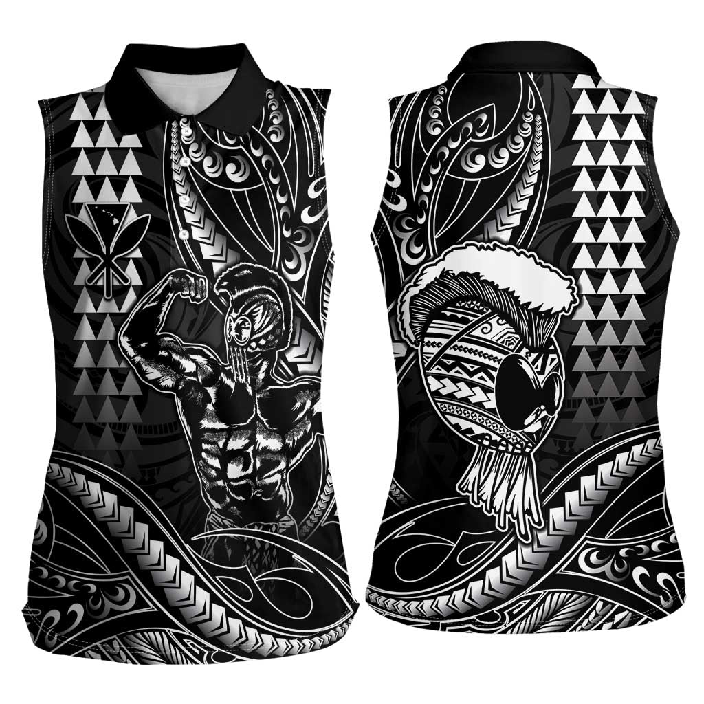 Hawaii Ikaika Warrior Helmet Women Sleeveless Polo Shirt Black Tribal Tattoo LT05 - Polynesian Pride