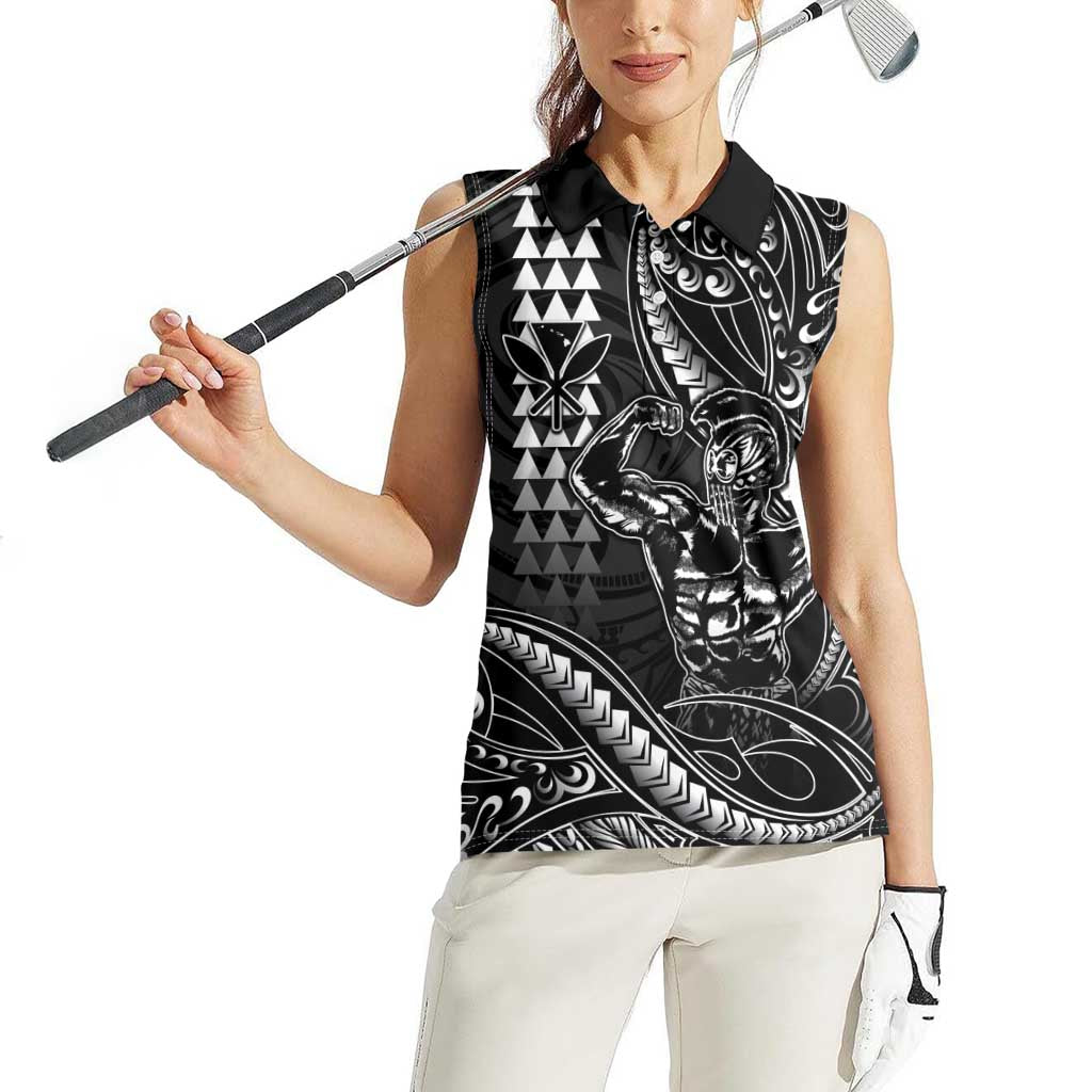 Hawaii Ikaika Warrior Helmet Women Sleeveless Polo Shirt Black Tribal Tattoo LT05 - Polynesian Pride