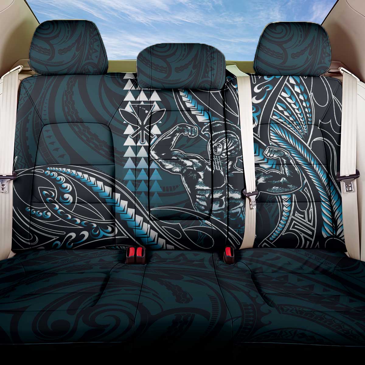 Hawaii Ikaika Warrior Helmet Back Car Seat Cover Blue Tribal Tattoo LT05 One Size Blue - Polynesian Pride