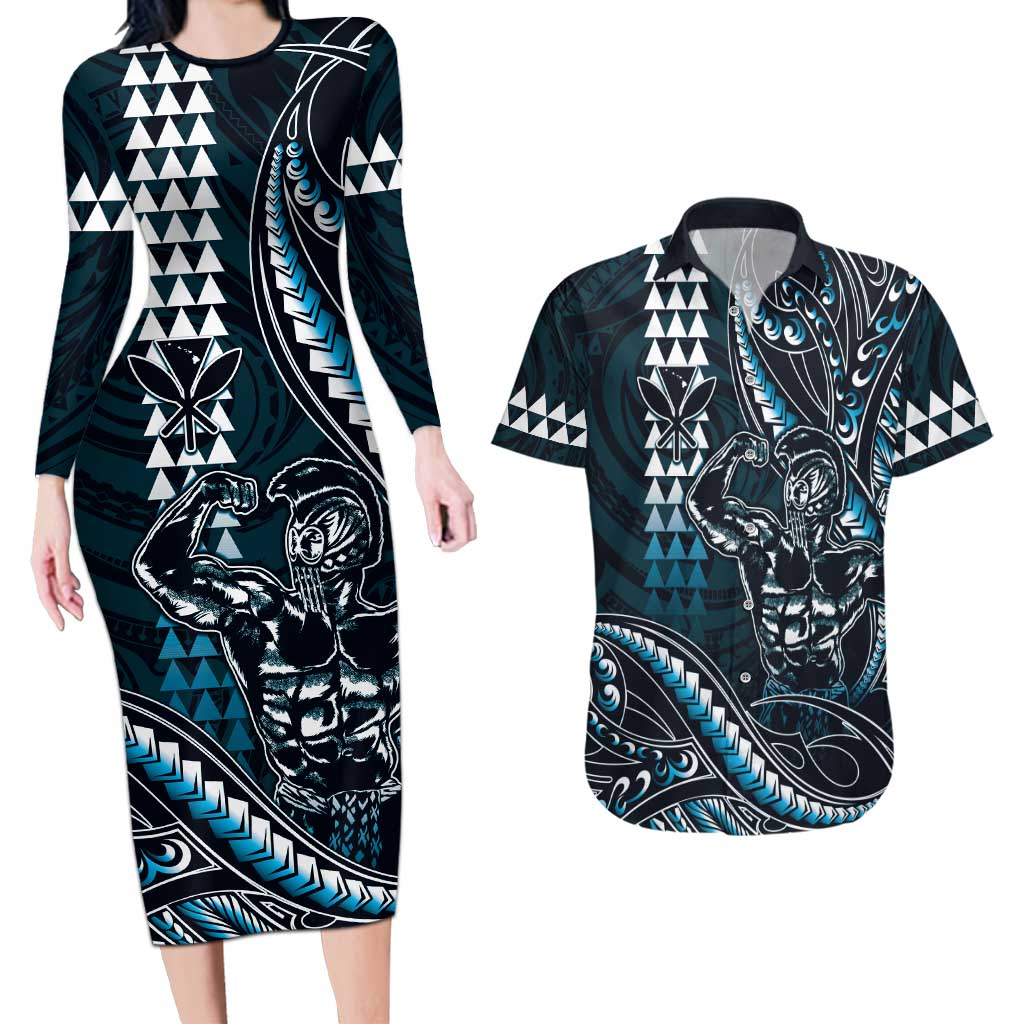 Hawaii Ikaika Warrior Helmet Couples Matching Long Sleeve Bodycon Dress and Hawaiian Shirt Blue Tribal Tattoo LT05 Blue - Polynesian Pride