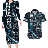 Hawaii Ikaika Warrior Helmet Couples Matching Long Sleeve Bodycon Dress and Hawaiian Shirt Blue Tribal Tattoo LT05 Blue - Polynesian Pride