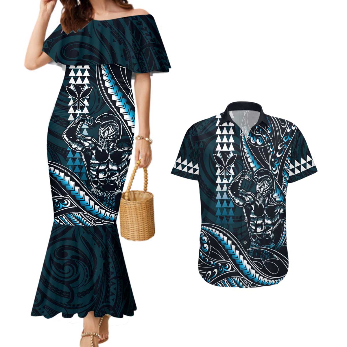 Hawaii Ikaika Warrior Helmet Couples Matching Mermaid Dress and Hawaiian Shirt Blue Tribal Tattoo LT05 Blue - Polynesian Pride