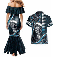 Hawaii Ikaika Warrior Helmet Couples Matching Mermaid Dress and Hawaiian Shirt Blue Tribal Tattoo LT05 - Polynesian Pride