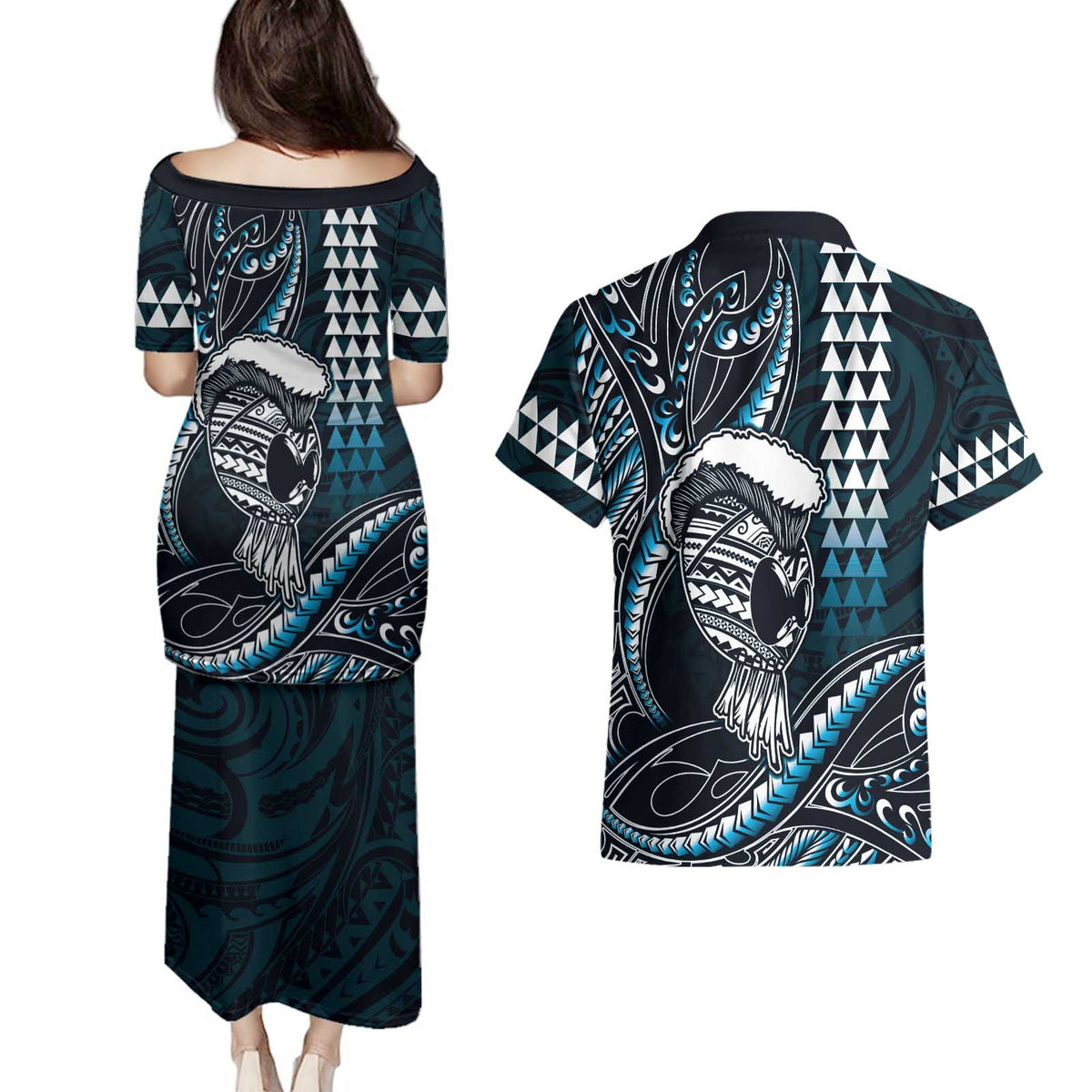 Hawaii Ikaika Warrior Helmet Couples Matching Puletasi and Hawaiian Shirt Blue Tribal Tattoo