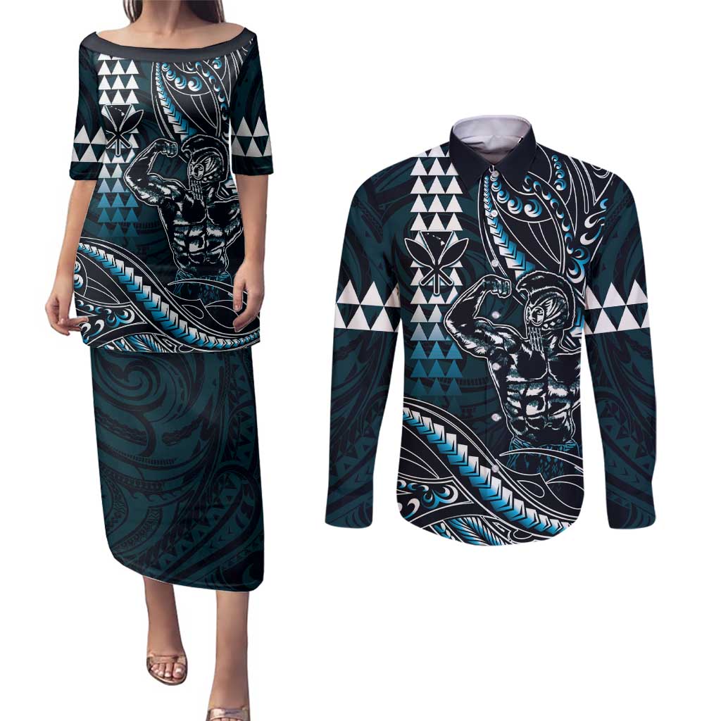 Hawaii Ikaika Warrior Helmet Couples Matching Puletasi and Long Sleeve Button Shirt Blue Tribal Tattoo LT05 Blue - Polynesian Pride