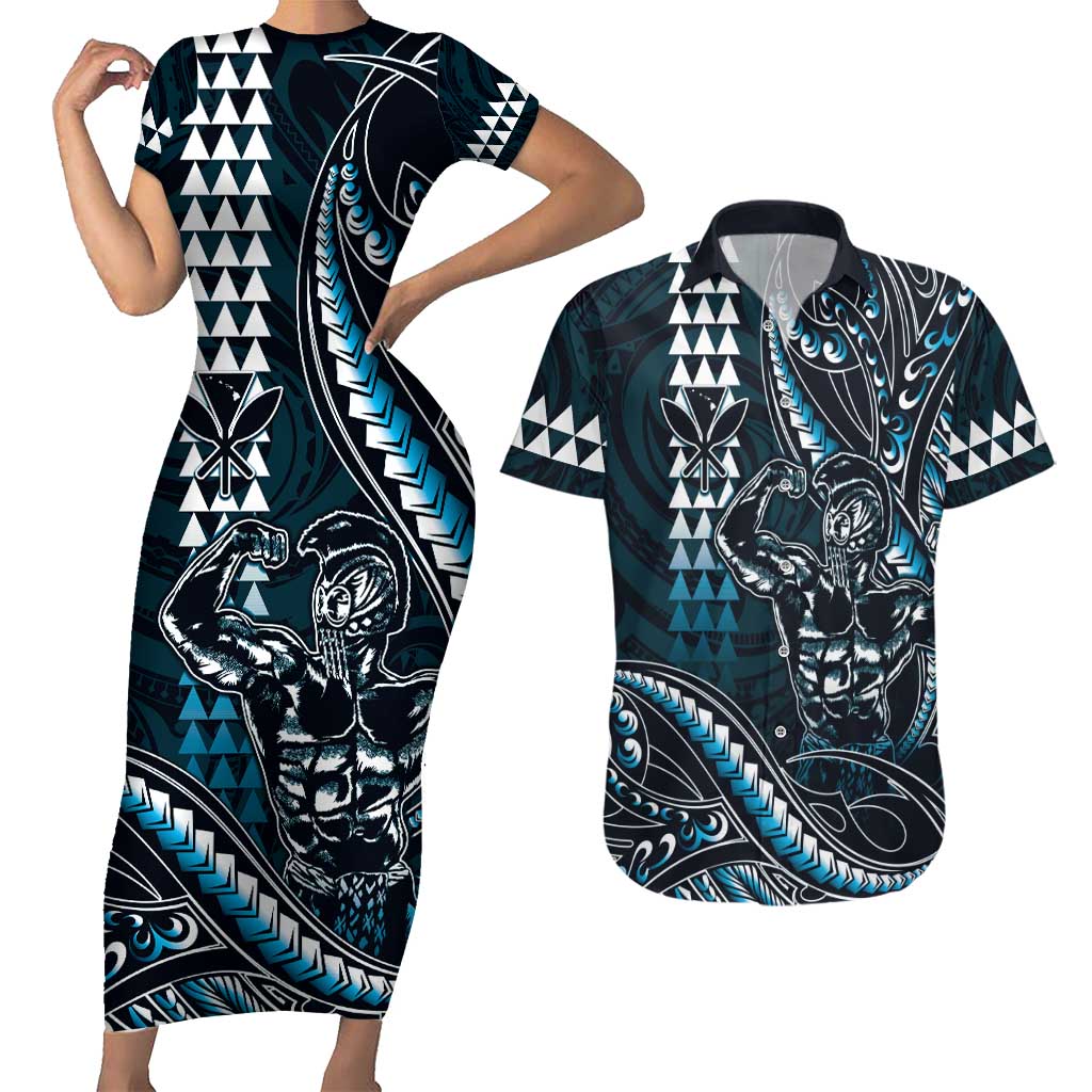 Hawaii Ikaika Warrior Helmet Couples Matching Short Sleeve Bodycon Dress and Hawaiian Shirt Blue Tribal Tattoo LT05 Blue - Polynesian Pride