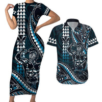 Hawaii Ikaika Warrior Helmet Couples Matching Short Sleeve Bodycon Dress and Hawaiian Shirt Blue Tribal Tattoo LT05 Blue - Polynesian Pride