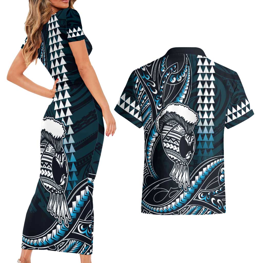 Hawaii Ikaika Warrior Helmet Couples Matching Short Sleeve Bodycon Dress and Hawaiian Shirt Blue Tribal Tattoo LT05 - Polynesian Pride