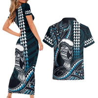 Hawaii Ikaika Warrior Helmet Couples Matching Short Sleeve Bodycon Dress and Hawaiian Shirt Blue Tribal Tattoo LT05 - Polynesian Pride