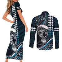 Hawaii Ikaika Warrior Helmet Couples Matching Short Sleeve Bodycon Dress and Long Sleeve Button Shirt Blue Tribal Tattoo