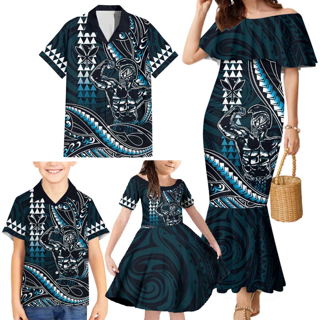 Hawaii Ikaika Warrior Helmet Family Matching Mermaid Dress and Hawaiian Shirt Blue Tribal Tattoo LT05 - Polynesian Pride