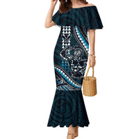 Hawaii Ikaika Warrior Helmet Family Matching Mermaid Dress and Hawaiian Shirt Blue Tribal Tattoo LT05 Mom's Dress Blue - Polynesian Pride
