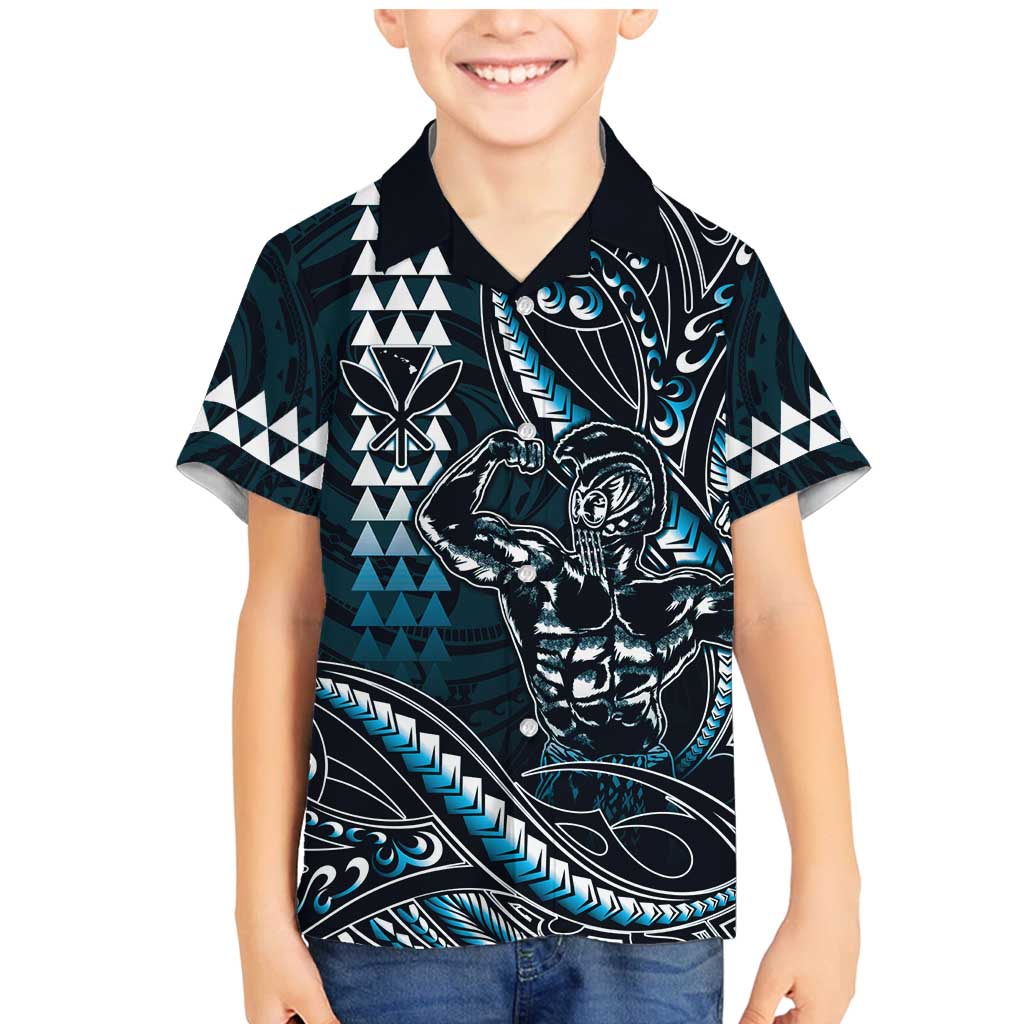 Hawaii Ikaika Warrior Helmet Family Matching Mermaid Dress and Hawaiian Shirt Blue Tribal Tattoo LT05 Son's Shirt Blue - Polynesian Pride
