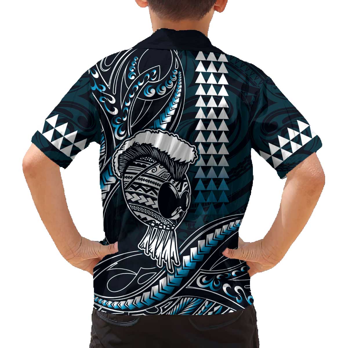 Hawaii Ikaika Warrior Helmet Family Matching Off The Shoulder Long Sleeve Dress and Hawaiian Shirt Blue Tribal Tattoo LT05 - Polynesian Pride