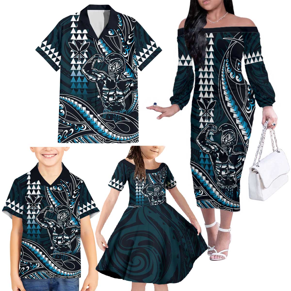 Hawaii Ikaika Warrior Helmet Family Matching Off The Shoulder Long Sleeve Dress and Hawaiian Shirt Blue Tribal Tattoo LT05 - Polynesian Pride