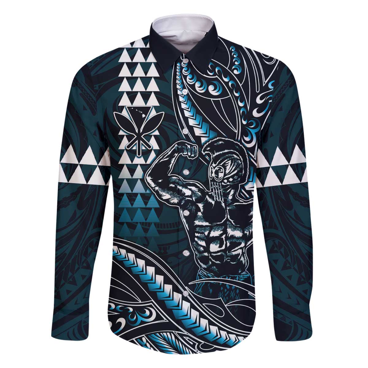 Hawaii Ikaika Warrior Helmet Family Matching Off The Shoulder Long Sleeve Dress and Hawaiian Shirt Blue Tribal Tattoo LT05 Dad's Shirt - Long Sleeve Blue - Polynesian Pride