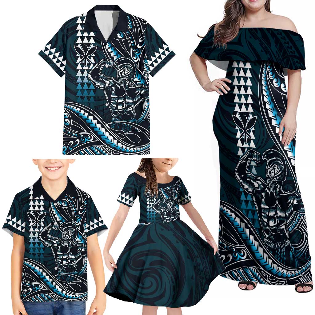 Hawaii Ikaika Warrior Helmet Family Matching Off Shoulder Maxi Dress and Hawaiian Shirt Blue Tribal Tattoo LT05 - Polynesian Pride